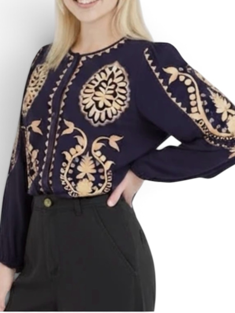Solitaire Linen Blend Button Front Embroidered Blouse in Navy/Tan Sz M - Picture 11 of 11
